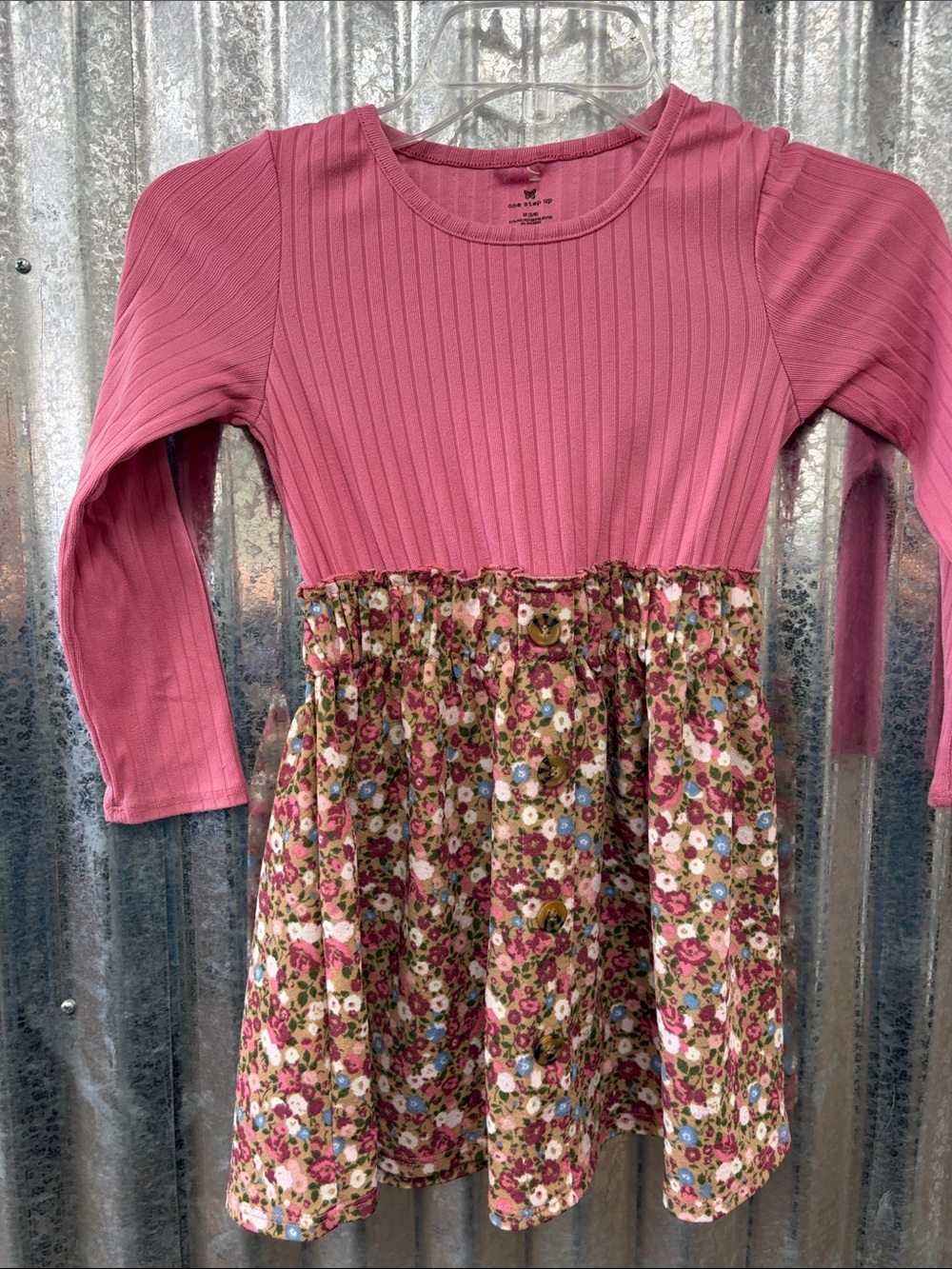 One Step Ahead Pink Ribbed Top with Floral Skirt Girls Dress